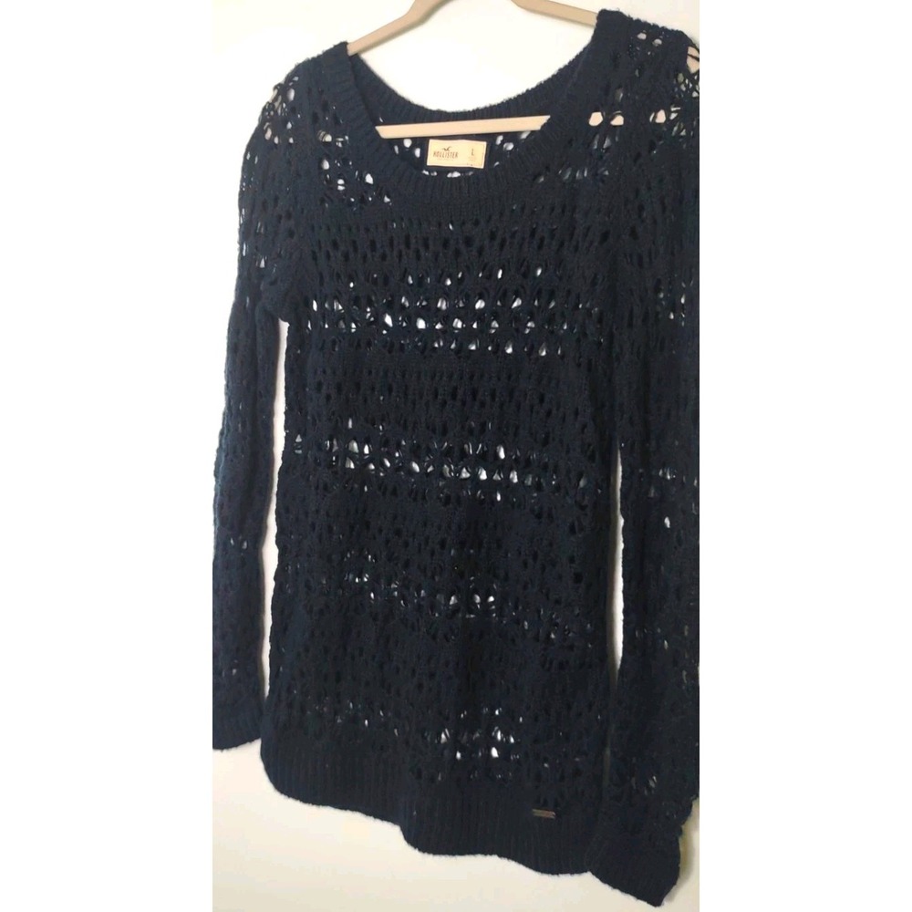 Hollister L Women's Navy Solid Open-Knit Crewneck Long Sleeve Pullover Sweater L